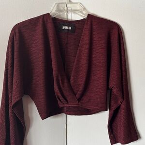 Reformation Deep Red Wine Burgundy Textured Shimmer Sparkle Deep V Crop Top